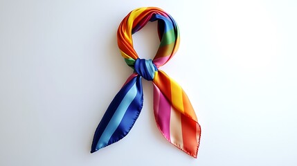 A thin cotton scarf in rainbow stripes, styled as a chic necktie, against a crisp white background.
