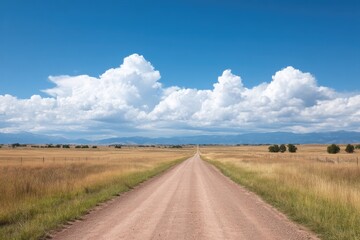 lonely dirt road stretches across vast rural landscape under blue sky offering abundant copy space