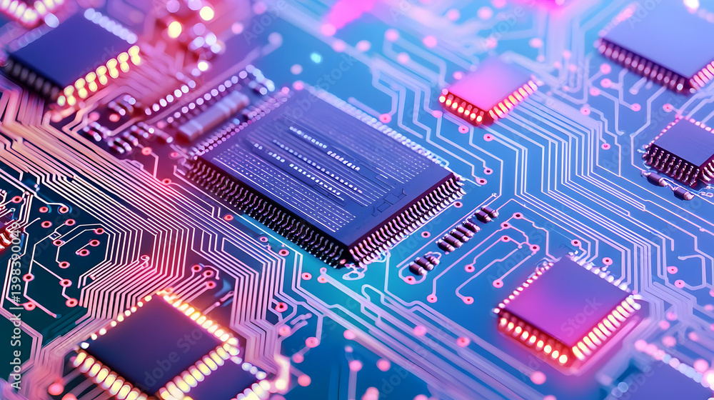Poster close up of circuit board with glowing components