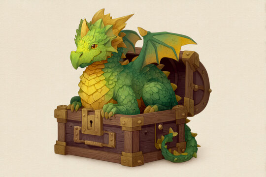 Realistic Dragon Sitting on Treasure Chest in Vector Design Style