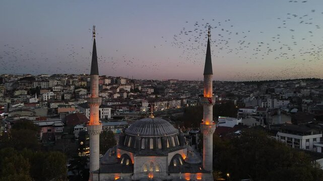 Starling Birds Group Dance in the Uskudar Valide Sultan Mosque Drone Video, Uskudar Istanbul, Turkiye (Turkey)