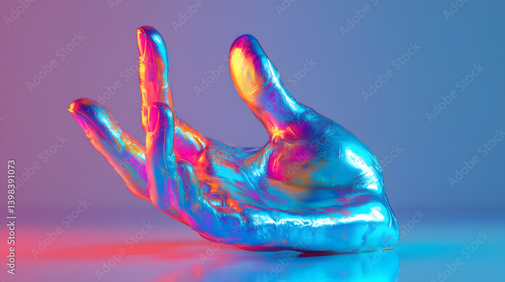Poster a vibrant, iridescent metallic hand sculpture rests on a smooth surface, illuminated by colorful neo