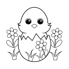 A baby chick peeking out of a cracked egg coloring page vector illustration