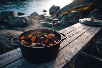 A steaming pot of stew sits on a rustic wooden table by the lake