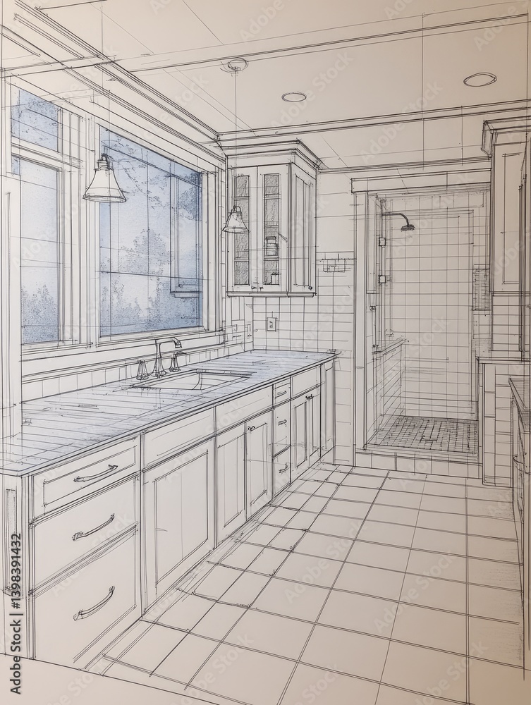 Poster sketch-style rendering of a kitchen interior featuring linear perspective with countertops windows a