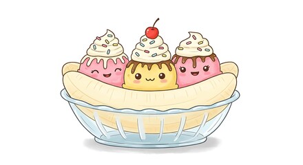 Kawaii Banana Split with Smiling Scoops

