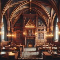 Gothic interior, medieval dining hall, vaulted ceiling, arched windows, ornate fireplace, long wooden tables, candelabras, warm lighting, stone walls, tapestries, stained glass, cozy atmosphere