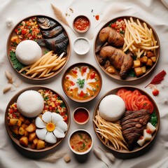 Asian fusion cuisine, aerial view, diverse food platters, circular wooden boards, rice bowls, grilled fish, French fries, chicken wings, fried eggs, colorful vegetables, dipping sauces