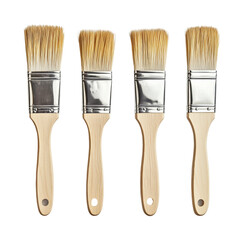 Tools in set of four brushes for projects creative workspace top view. Isolated on transparent background, png.