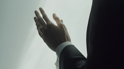 Close-up of a man's hand wearing a ring, slightly raised against a bright background. The man is wearing a dark suit, suggesting elegance and sophistication.