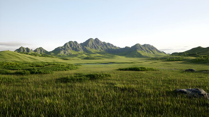 Obraz premium Wide Shot Of Lush Green Grassland With Mountains In The Background
