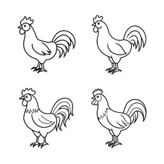 A set of rooster line art vector illustration