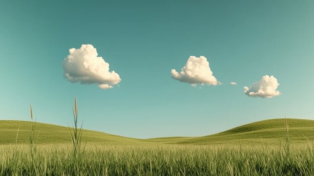 Three fluffy clouds float above gentle rolling hills and green grass