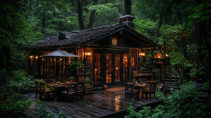 A quaint illuminated cabin with tables situated in a lush forest