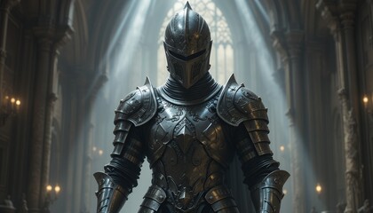 Knight in Armor Standing Inside a Grand Hall with Light Streaming in