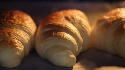 Three croissants baking in oven on parchment paper, time lapse. Close-up macro food video. Baking process and bakery concept