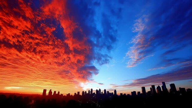 Fiery sunset clouds blaze across half the sky, deep blue on the other side, above a silhouetted city skyline in a sweeping drone pan from left to right.