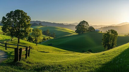 Obraz premium Rolling green hills and trees bathed in morning sunlight