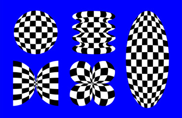 Optical illusion op art wavy simple shapes with black and white checkered texture. Psychedelic effect and distorted surface.