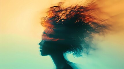 An silouette of a woman inside a gradient, colored by gradients and hair in motion, short hair, background is abstract and indistinct, Generative AI illustrations. 
