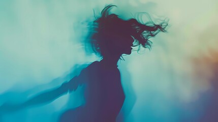An silouette of a woman inside a gradient, colored by gradients and hair in motion, short hair, background is abstract and indistinct, Generative AI illustrations. 