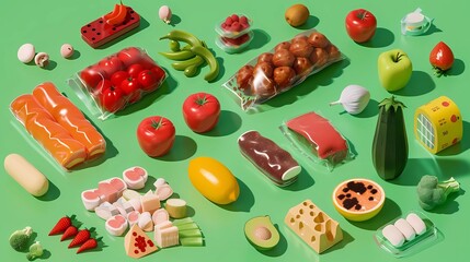 A 3D rendering of various foods that are wrapped in an organic, Generative AI illustrations. 