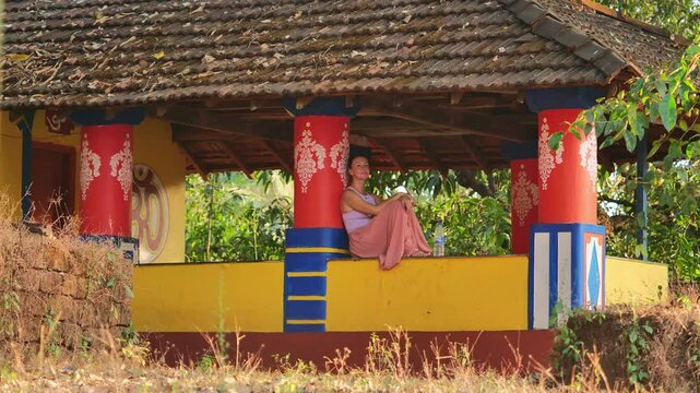 Peaceful retreat scene with a traditional shrine and spiritual ambiance.