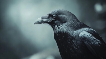 Naklejka premium Raven close-up forest wildlife photography dark atmosphere side view nature's mystique