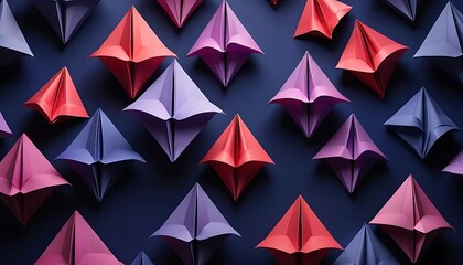 Geometric Origami: A collection of colorful origami shapes, meticulously arranged on a dark surface, presents an aesthetically pleasing and artistic display, offering visual and textured delight.