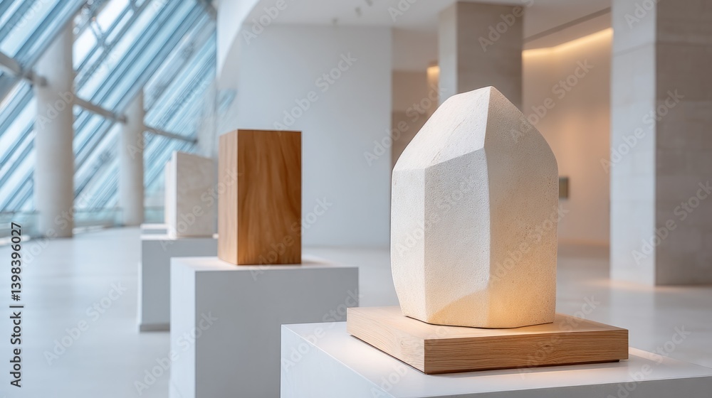 Poster minimalistic display of abstract sculptures in brightly lit spacious gallery setting providing ample
