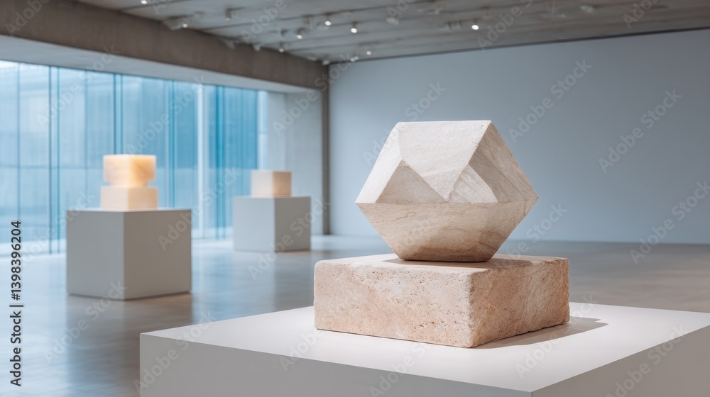 Poster minimalistic display of abstract sculptures in brightly lit spacious gallery setting providing ample