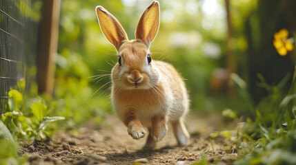 Fototapeta premium Cute rabbit running through a garden path surrounded by greenery