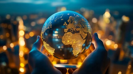 Global connectivity illuminated earth sphere held by hands over cityscape nighttime digital art concept