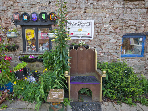 Wales, Powys, Hay-on-Wye - July 17, 2024: Decoration in the market town which is often called "the town of books".