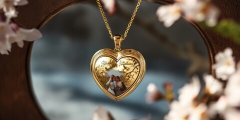 Gold Heart Locket Necklace with Etched Design and Miniature Photo