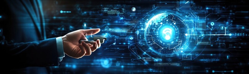Businessman Holding Chip in Futuristic Blue Digital Interface System
