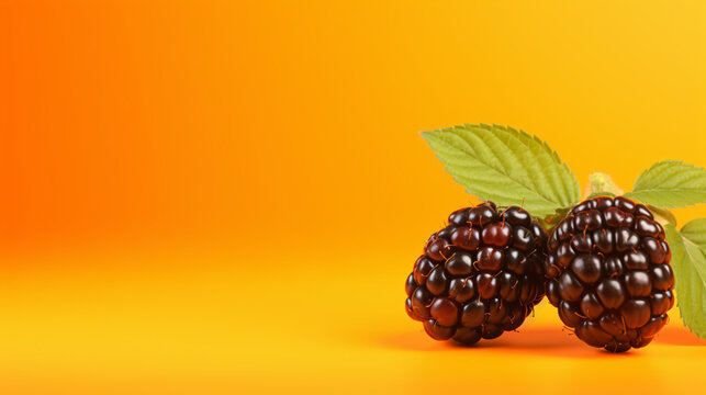 Ripe tayberry located on the right side, isolated on a pan with a yellow background, space for text.

