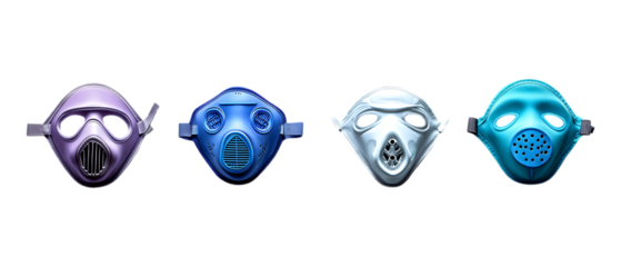 Four diverse training masks for physical fitness testing and respiratory conditioning are isolated on a transparent background for easy use.