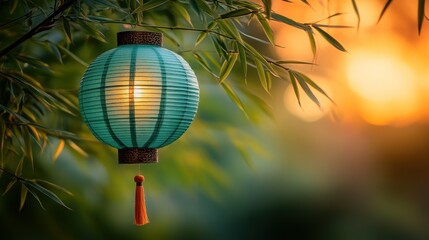Obraz premium Teal paper lantern hanging from bamboo branch at sunset