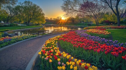 Obraz premium A scenic park pathway featuring blooming tulips with a sunset backdrop