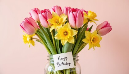 Bouquet of pink tulips and yellow daffodils in a mason jar with a birthday note