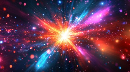 Fototapeta premium Vibrant Cosmic Explosion with Colorful Light Rays and Stars