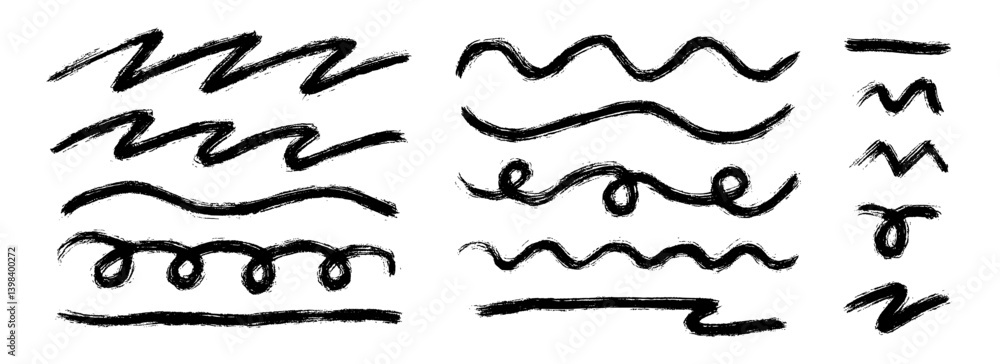 Poster long and short wavy paint line set. zig zag and undulate sketch brush stroke collection. rough charc
