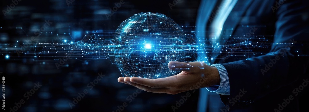 Poster digital globe in hand, futuristic data network, connection technology, dark backdrop