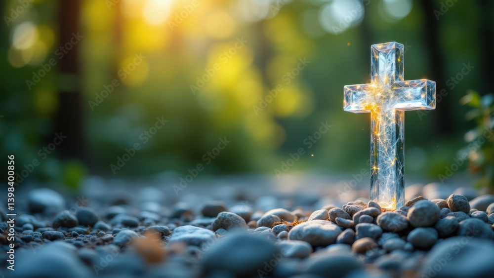 Poster a cross standing on a path surrounded by pebbles with sunlight streaming through a forest canopy.
