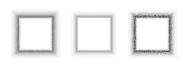 Black stippled square frame set. Dotted gradient border collection. Squared picture holders for banner, copy space, collage, emblem, poster, template, box. Stipple frame element bundle. Vector