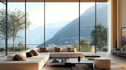 A modern living room featuring mountain views through expansive windows