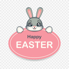 Cute Easter rabbit with a pink board for text. Easter bunny. Symbol of Easter. Vector children's illustration.