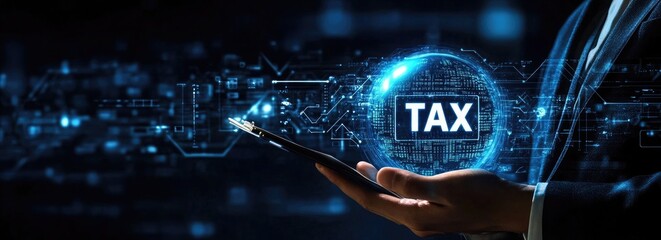 Digital Tax Concept on Tablet Held by Person with Glowing Blue Cybernetic Design