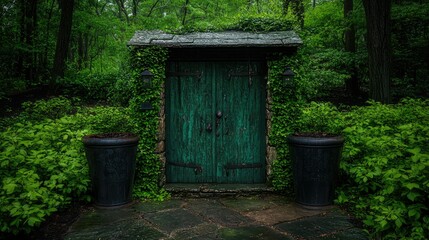 Fototapeta premium Green wooden doors surrounded by lush greenery and plants in a garden